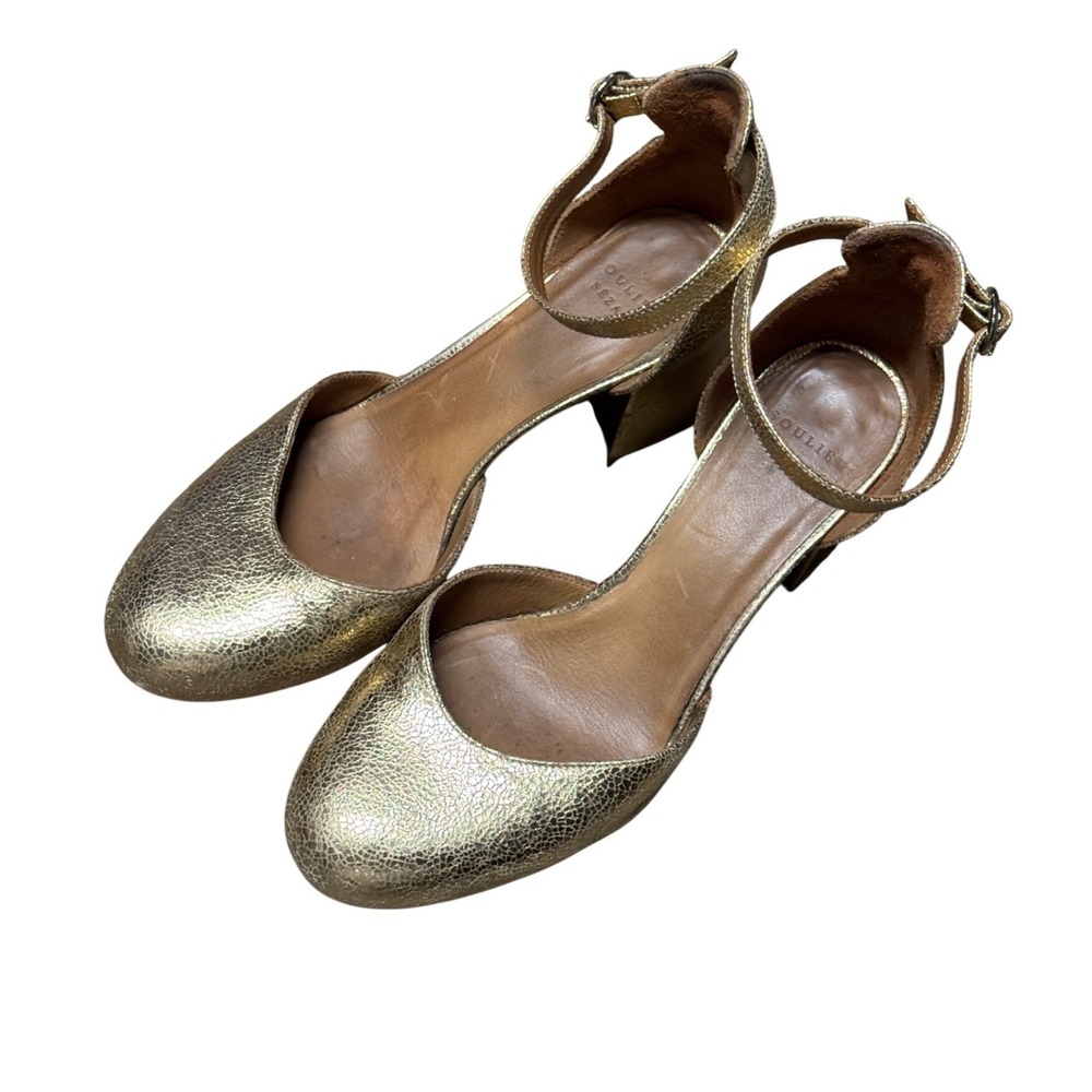 Sézane Gold Textured Leather Block Heel Ankle Strap Pumps d'Orsay Shoes 37
